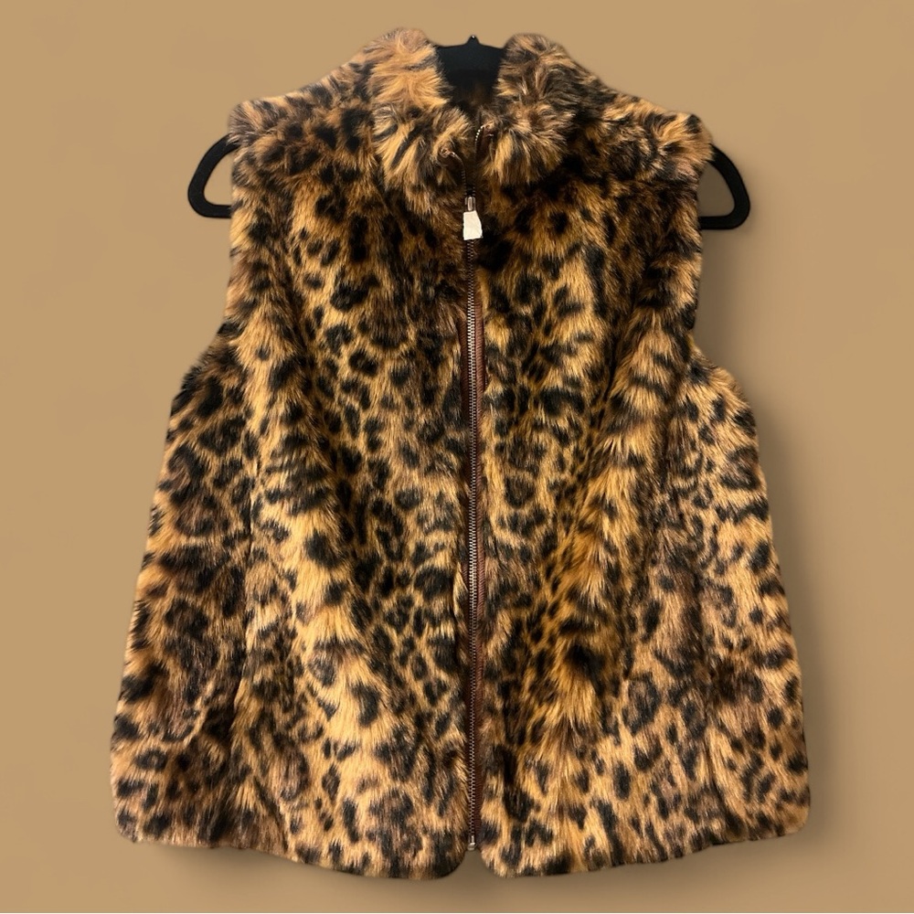 NWT J.Crew Faux Fur Leopard Vest with Full Zipper size PS